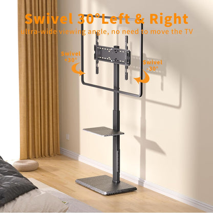 TV Floor Stand with Power Outlet & Removable Shelf for 32-75 Inch TVs | 110 lbs Capacity | ±30° Swivel | Height Adjustable | Cable Management | Safety Lock | Ideal for Living Room, Bedroom, Office