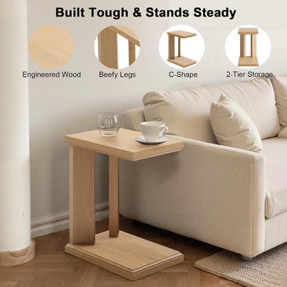 C Shaped End Table for Couch, 23.2'' High Small Side Table 2-Tier C Shaped Sofa Table for Small Narrow Spaces, Modern Nightstand for Bedroom, Living Room, Apartment, Home Office, Oak