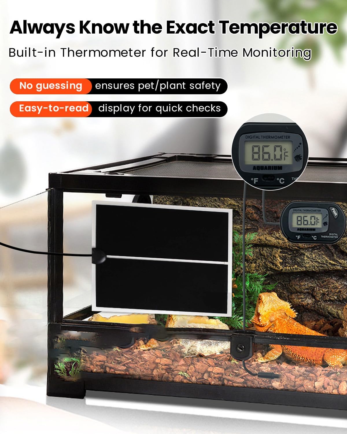 MQ Reptile Terrarium Heat Pad with LCD Digital Aquarium Thermometer, 11 x 16.5in Power Adjustment Under Tank Heater Mat for Pets, Small Animals, Seedling, 20W