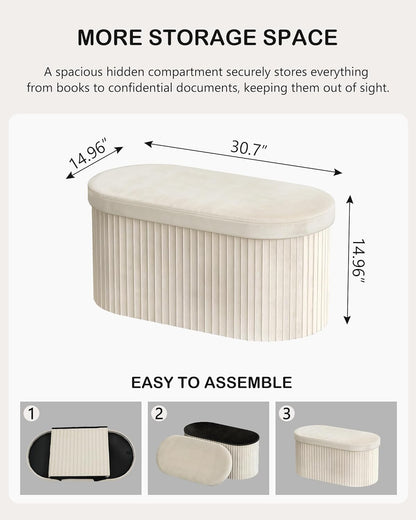 GLAXYFUR Oval Folding Storage Ottoman, Velvet Upholstered Foot Rest, 30 x 15 x 15 Inches Storage Bench for Bedroom, Living Room & Entryway, Beige