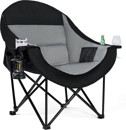 Oversized Camping Chairs for Adult - Heavy Duty Padded Portable Folding Chair XL Collapsible Camp Chair with Cup Holder Side Pocket for Outdoor Lawn Beach Sport Fishing Support 500LBS, Grey