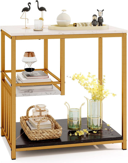 GOFLAME Faux Marble End Table, 3-Tier Sofa Side Table with Storage Shelves, Golden Polished Steel Frame, Black & White Faux Marble, Rectangular, Modern Nightstand for Living Room, Bedroom