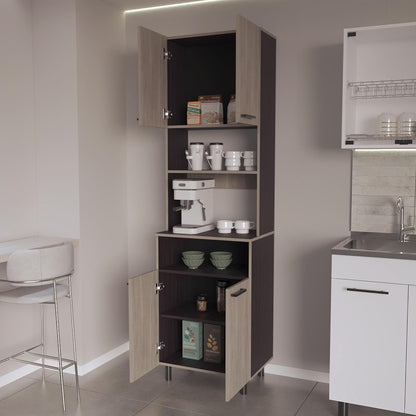 Bullhead City Kitchen Pantry with 4 Doors, White Oak and Wengue | Combines open shelves and closed cabinet in multi-color design