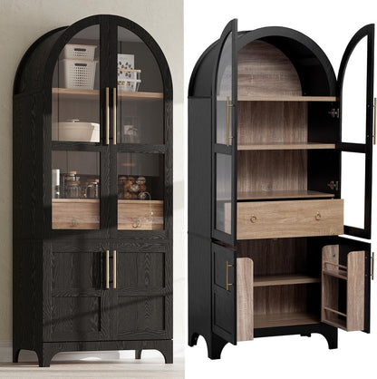 71'' Tall Arched Cabinet with Glass Doors, Farmhouse Kitchen Pantry Cabinet with Storage, China Cabinets with Adjustable Shelves, Hidden Drawer, Cupboard for Dining Room, Living Room (Black)