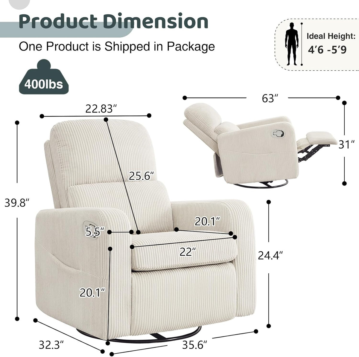 Swivel Rocker Recliner, Oversized Manual Nursery Glider Rocking Recliner Chair with Removable Cushion, Upholstered Corduroy Swivel Reclining Chair for Nursery Living Room Bedroom, Cream White