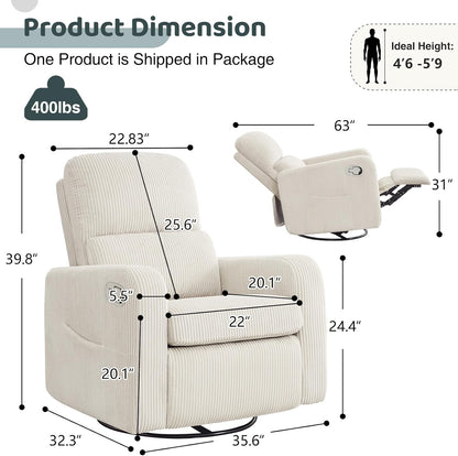 Swivel Rocker Recliner, Oversized Manual Nursery Glider Rocking Recliner Chair with Removable Cushion, Upholstered Corduroy Swivel Reclining Chair for Nursery Living Room Bedroom, Cream White