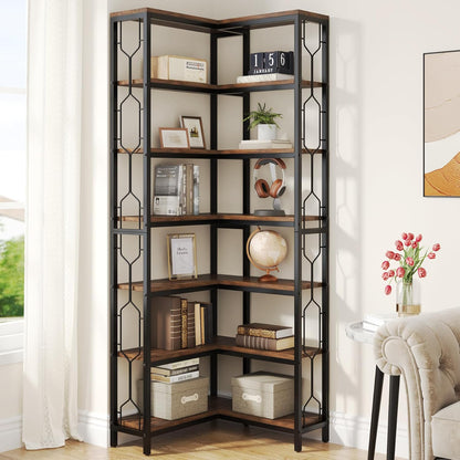 Tribesigns Corner Shelf, 7-Tier Industrial Corner Bookshelf and Bookcase | Freestanding Display Shelf for Living Room, Wood and Metal Corner Book Shelves, Corner Bookcase for Home Office, Rustic Brown