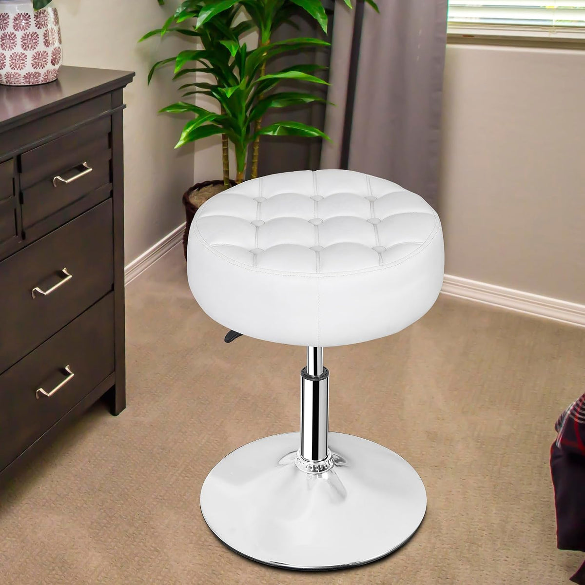 JupiterForce Adjustable Vanity Stool Chair for Makeup, 360° Swivel Makeup Vanity Chair Faux Leather Vanity Stool for Makeup Room, Bathroom and Living Room, White