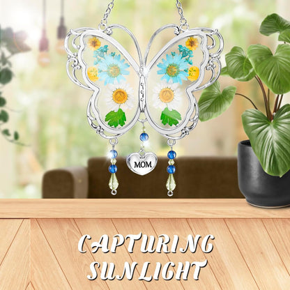 LARAINE Butterfly Suncatcher with Pressed Flower Wings Mom Mother's Day Butterfly Glass Wind Chime Ornament Charm with Metal Heart Gifts for Mom Grandma Aunt Birthday (Grandma, Blue)