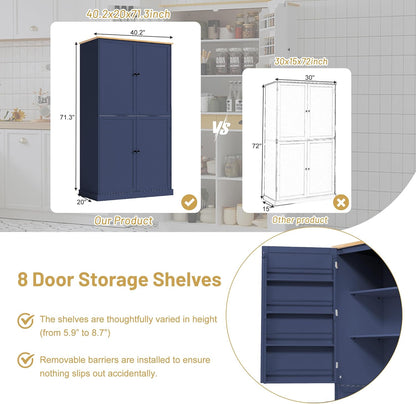71.3'' Tall Wood Kitchen Pantry, Farmhouse Food Pantry Cabinet with 8 Door Shelves / 2 Drawers, Freestanding Large Cupboard with Adjustable Shelves for Kitchen Dining Room, Blue
