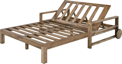 Merax Acacia Wood Outdoor Daybed Sofa, Farmhouse Patio Sun Lounger with Adjustable Backrest, High-Density Cushions & Removable Wheels, Weather Resistant for Garden, Poolside, Backyard, Beige