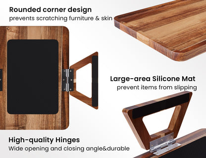 2 Pack Acacia Wood Couch Arm Tray,Couch Tray,Folding Sofa Armrest Trays,Couch Arm Table Clip-On Couch Desk for Drinks,Snacks,Phone,Remote Control