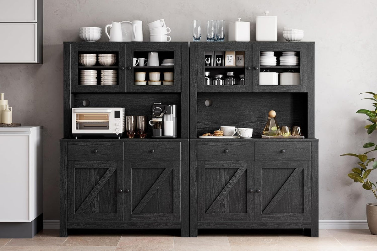 GarveeHome Kitchen Pantry Cabinet with Microwave Stand, Freestanding Hutch Cabinet with Buffet Cupboard, Tall Kitchen Cabinets with Adjustable Shelves for Dining Room, Black