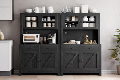 GarveeHome Kitchen Pantry Cabinet with Microwave Stand, Freestanding Hutch Cabinet with Buffet Cupboard, Tall Kitchen Cabinets with Adjustable Shelves for Dining Room, Black