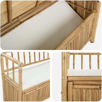 Bamboo Garden Storage Bench 110 x 47 x 80 cm, Outdoor Seating with Hidden Compartment, Post Leg Design for Patio or Indoor Use, Natural Finish