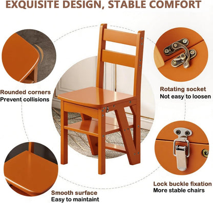 Solid Wood 3-in-1 Folding Ladder Chair, Convertible Step Stool & Display Rack, 4-Tier Multi-Functional Ladder, Dual Purpose for Home, Kitchen, Library, 265 lbs Capacity (Brown)