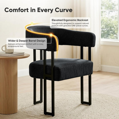 Dining Chairs Set of 2, Boucle Upholstered Kitchen Chairs with Metal Leg | Elevated Backrest Armchairs Mid Century Modern Barrel Chair for Living Room, Dining Room, Farmhouse, Coffee, Black