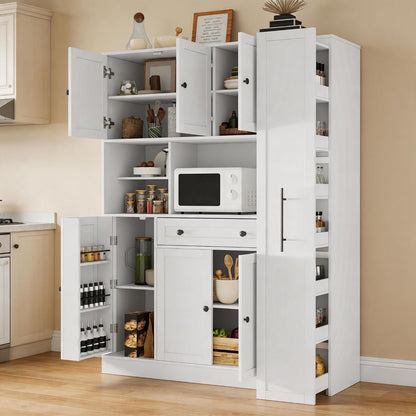 70 Inch Buffet with Hutch and Pull-Out Side Cabinet, White | White P2 MDF, kitchen or dining room, 7-tier side organizer, door shelves, adjustable shelves, open workstation, 52.8 in W
