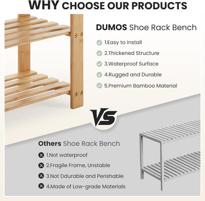 DUMOS Shoe Rack Bench with Storage, 3-Tier Bamboo Entryway Benches, Wooden Shoe Rack Holds Up to 286 lb Storage Organizer, Suitable for Bedroom Living Room Balcony, Classical Wood
