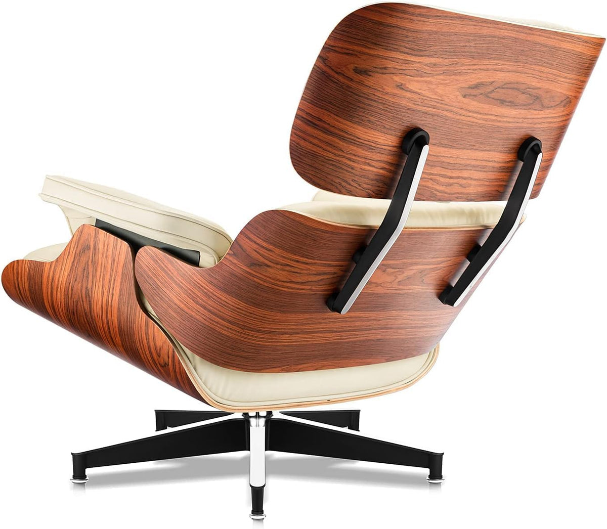 Top Black Grain Leather, Mid Century Chaise Lounge Chair and Ottoman, Modern Chair Classic Design, Ash Wood, Heavy Duty Base Support for Living Room Office