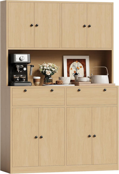 Modern Tall Kitchen Pantry Cabinet with Charging Station - 71" Height, 47" Wide Hutch, 2 Drawers, 8 Doors, Adjustable Shelves, Countertop - Dining Room or Kitchen Storage - Natural Wood