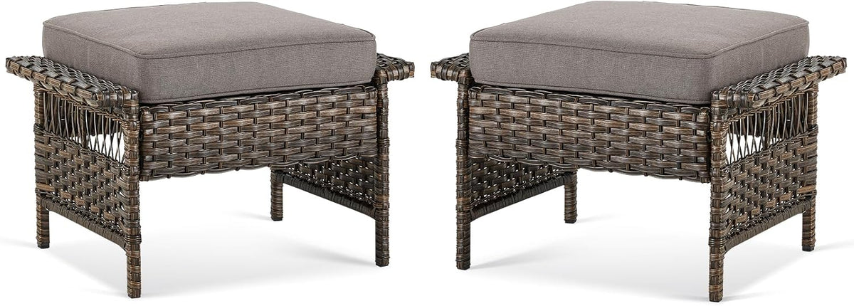 Patio Ottomans 2 Piece Outdoor Wicker Ottomans PE Rattan Footrest with Thickened Cushions Footstools for Garden Sunroom Deck Porch Balcony Poolside, Ottomans(2PCS), Brown|Grey