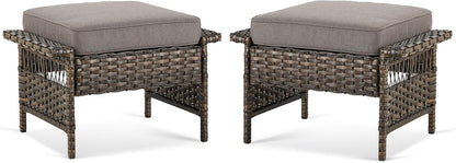 Patio Ottomans 2 Piece Outdoor Wicker Ottomans PE Rattan Footrest with Thickened Cushions Footstools for Garden Sunroom Deck Porch Balcony Poolside, Ottomans(2PCS), Brown|Grey