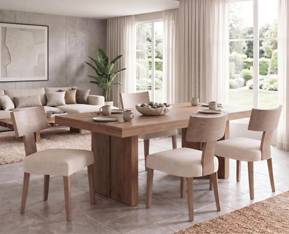 Linen Dining Chairs Set of 6 with Natural Wood Legs, Farmhouse Upholstered Side Chair with Curved Backrest for Living Room/Restaurant, Beige-Light Brown Legs
