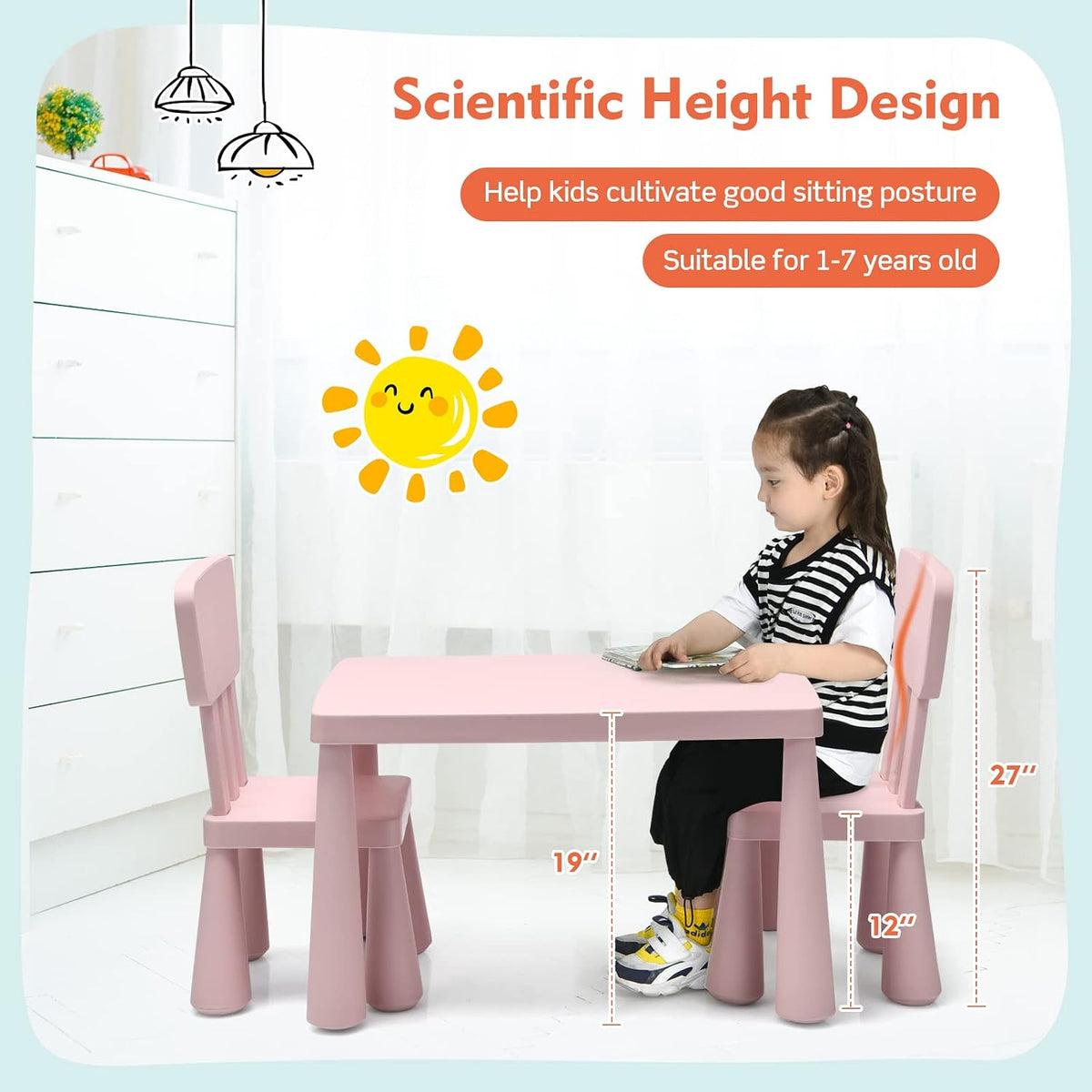 LDAILY Kids Table and Chairs, 3-Piece Children Activity Table for Drawing, Reading, Art Craft and Snack Time, Lightweight Plastic Toddler Table and Chair Set for Playroom, Daycare, Kindergarten (Pink)