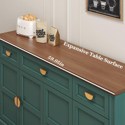 HLR 60” Large Buffet Sideboard Cabinet with 4 Doors and 3 Drawers Shaker Style, Coffee Bar Storage Cabinet for Dinning Room, Kitchen, Living Room, Green