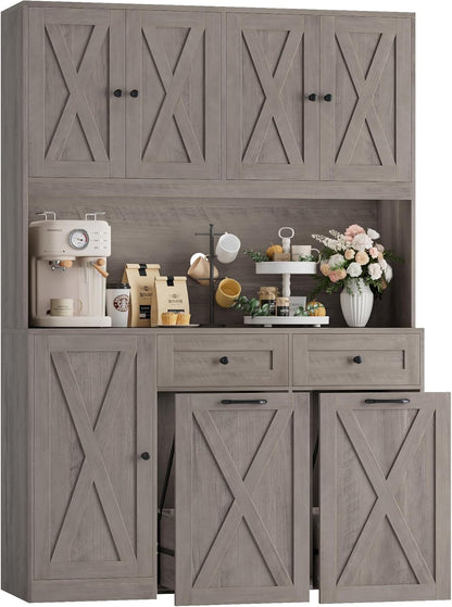 HOSTACK 71" Kitchen Pantry with 12.5 Gallon Double Trash Can Cabinet, Grey | Farmhouse Garbage Can Cabinet with Pull Out Trash Can Storage, 47"W Kitchen Hutch with Hidden Garbage Storage for Dining Room