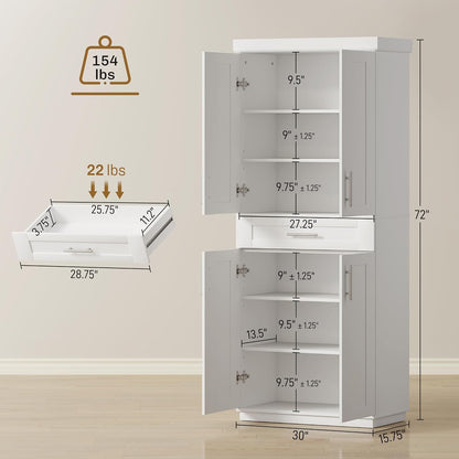 HOMCOM 72" Kitchen Pantry Cabinet Freestanding Storage Cabinet White | 4 Doors, Drawer, 3 Adjustable Shelves, for Dining Room