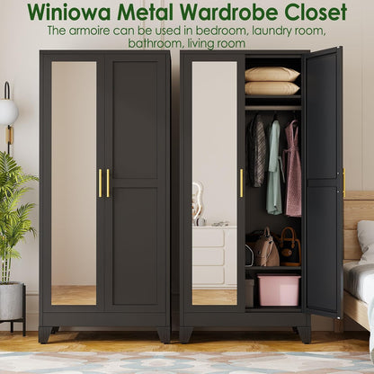 Metal Armoire Wardrobe Closet, 71" Clothing Storage Cabinet with Mirror