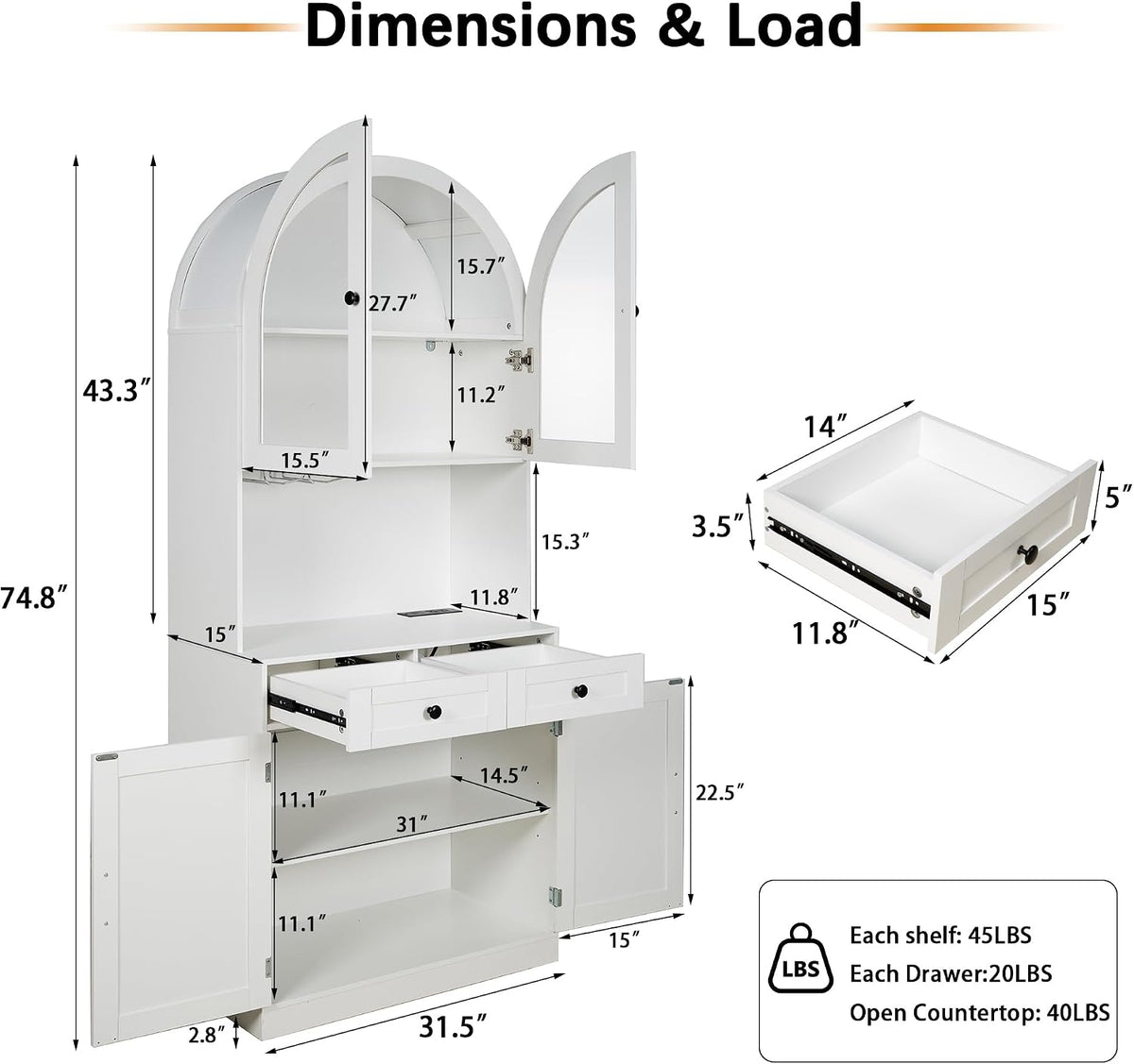 75" Farmhouse Tall Arched Pantry Cabinet with Charging Station & Bar, White | Adjustable Shelves, Open Countertop for Coffee Bar, empered Glass Door, Barn Door Lower Cabinet, Smooth-Glide Drawer