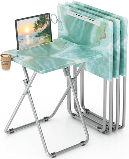 TV Trays Table Set of 4 Portable Folding TV Tray Table TV Dinner Tray with Sturdy MDF, Small Folding Tables with Phone & Tablet Slot, No Assembly Required, 15 x 18.9 x 25.6 in (Sea Blue Marble, 4Pcs)