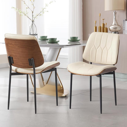BV Mid Century Dining Chairs Set of 4, PU Leather Bentwood, Beige | Upholstered PU leather seat with walnut bentwood back, armless, retro mid-century style for kitchen, dining & living room