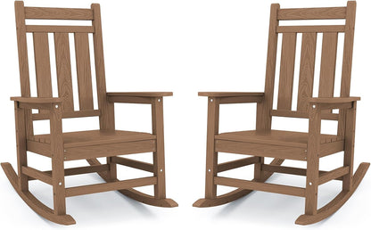 KINGYES Oversized Outdoor Rocking Chair Set of 2, HDPE Patio Rockers, Brown | | All-Weather Patio Rocking Chairs for Porch | High Back & Wide Seat for Garden, Lawn