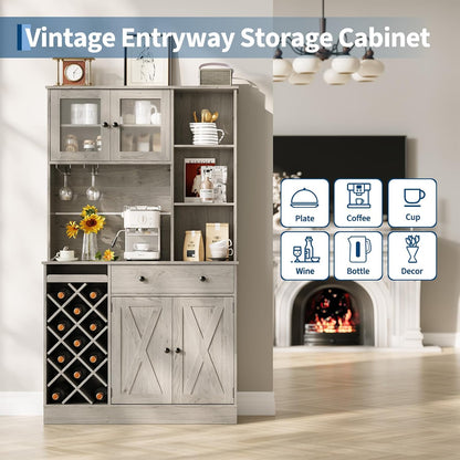 IDEALHOUSE 72 Inch Tall Kitchen Pantry Cabinet with Power Outlet - Wine Bottle Rack, Barn Doors, Ample Storage, Modern Sideboard Buffet for Dining Room, Kitchen, or Home Bar