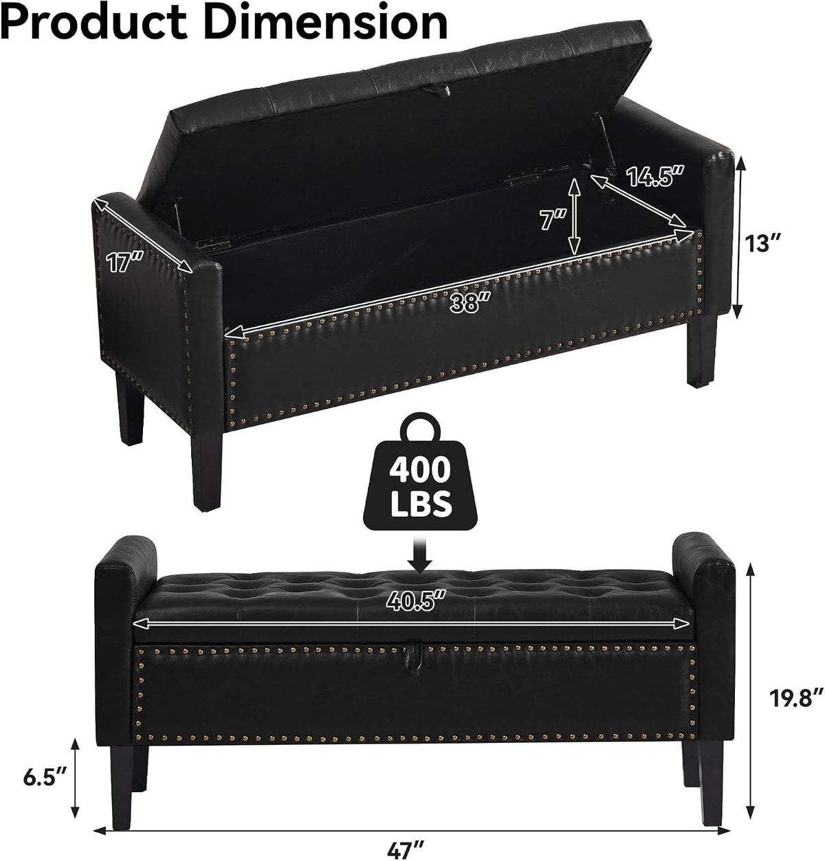 WUTUTUEE 47" Modern Water-Resistant Faux Leather Storage Ottoman Bench with Wooden Legs, Upholstered End of Bed Bench for Bedroom, Living Room or Entryway, Black