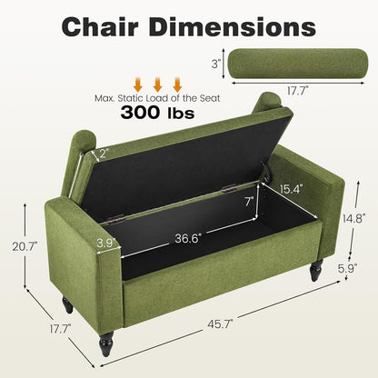 End of Bed Bench for Bedroom, 45.7" Linen Storage Ottoman Bench with Removable Pillows, Upholstered Entryway Bench with Solid Wood Legs, Storage Cabinet for Bedroom, Living Room, Entryway, Green
