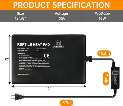 Reptile Heat Pad with Digital Thermostat, Under Tank Terrrarium Heat Mat 16W 8 * 12 Inch, Temperature Controller Heating Pad for Reptile, Turtles, Lizards, Snake, Hermit Crab, Frogs