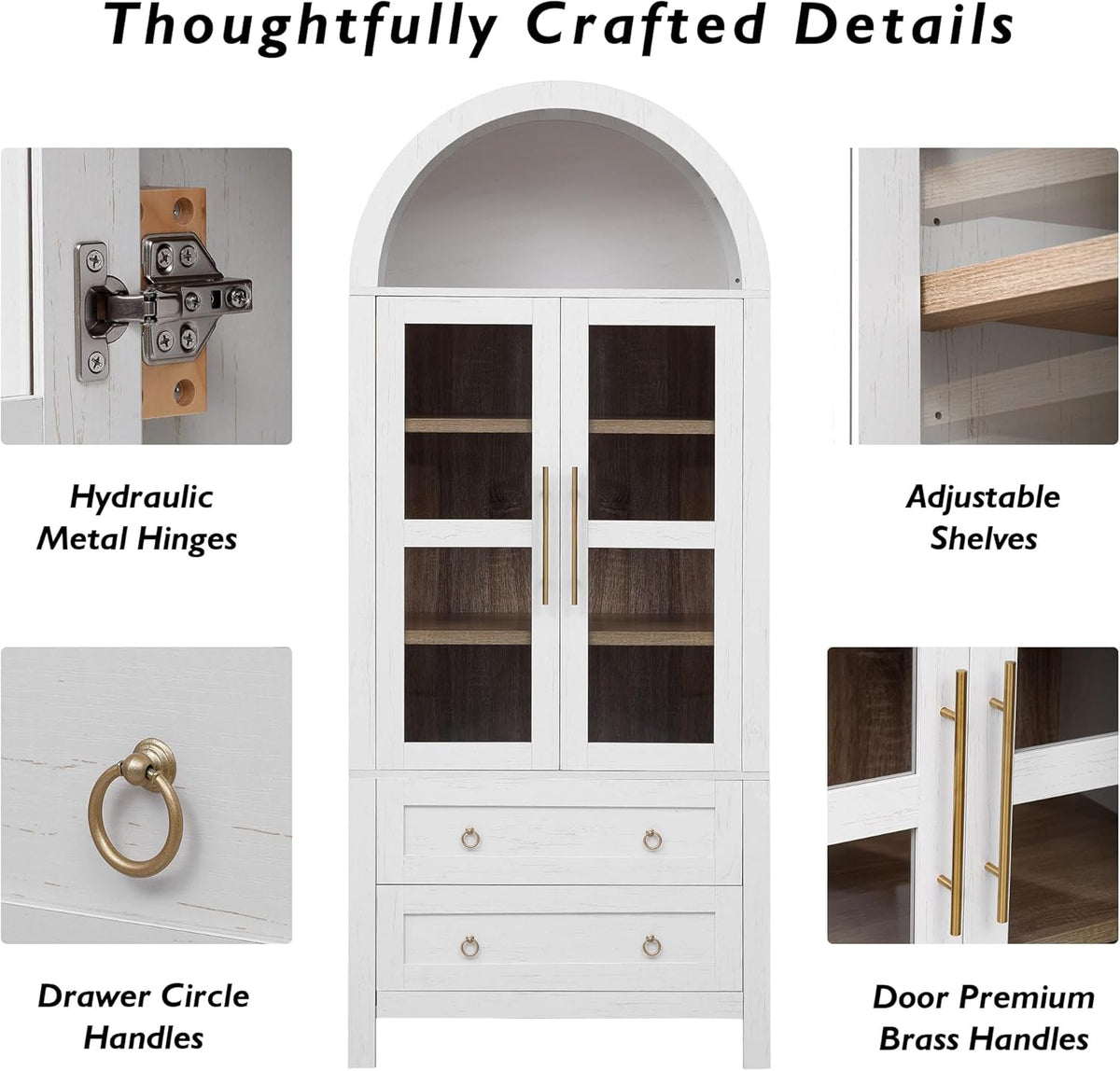 Merax 71" Tall Arched Farmhouse Pantry Cabinet with Glass Doors & 2 Large Drawers - Adjustable Shelves, Modern Kitchen Storage Cupboard for Dining Room, Living Room (30" W x 15.75" D), White