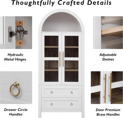 Merax 71" Tall Arched Farmhouse Pantry Cabinet with Glass Doors & 2 Large Drawers - Adjustable Shelves, Modern Kitchen Storage Cupboard for Dining Room, Living Room (30" W x 15.75" D), White