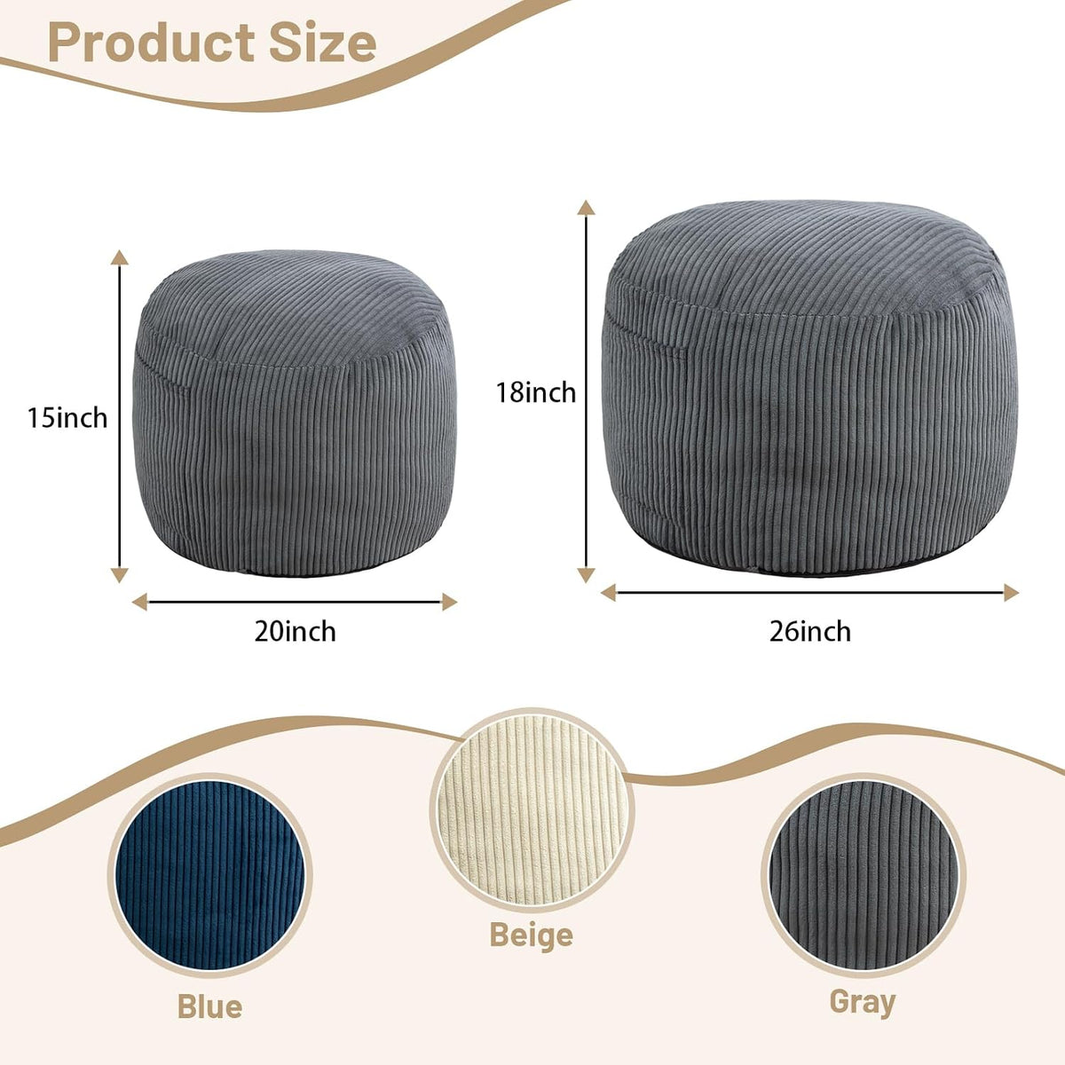 Round Stuffed Pouf Ottoman (Gray, 26" D x 26" W x 18" H) | Corduroy Foot Rest with Rebound Foam Filling, Furry and Fluffy Foot Stool Ottoman, Floor Poufs for Living Room