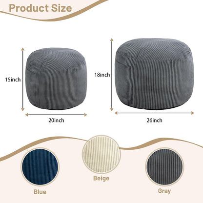 Round Stuffed Pouf Ottoman (Gray, 26" D x 26" W x 18" H) | Corduroy Foot Rest with Rebound Foam Filling, Furry and Fluffy Foot Stool Ottoman, Floor Poufs for Living Room