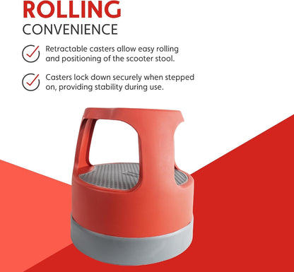 Cramer Scooter Stool, Round, 2-Step, 15", Step and Lock Wheels, 300 lb Capacity, Red