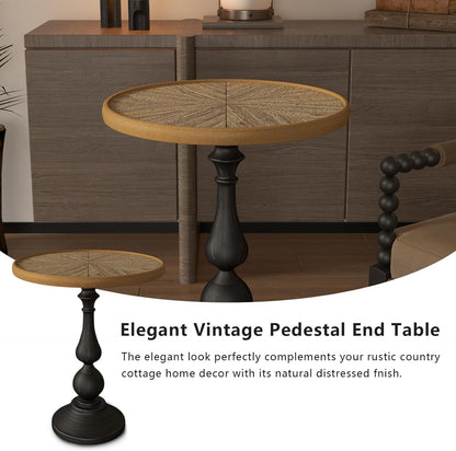 Retro Side Table Round End Table - 20" French Country Wooden Coffee Table with Metal Legs, Vintage Accent Table for Living Room, Bedroom, Farmhouse, Café (Distressed White)