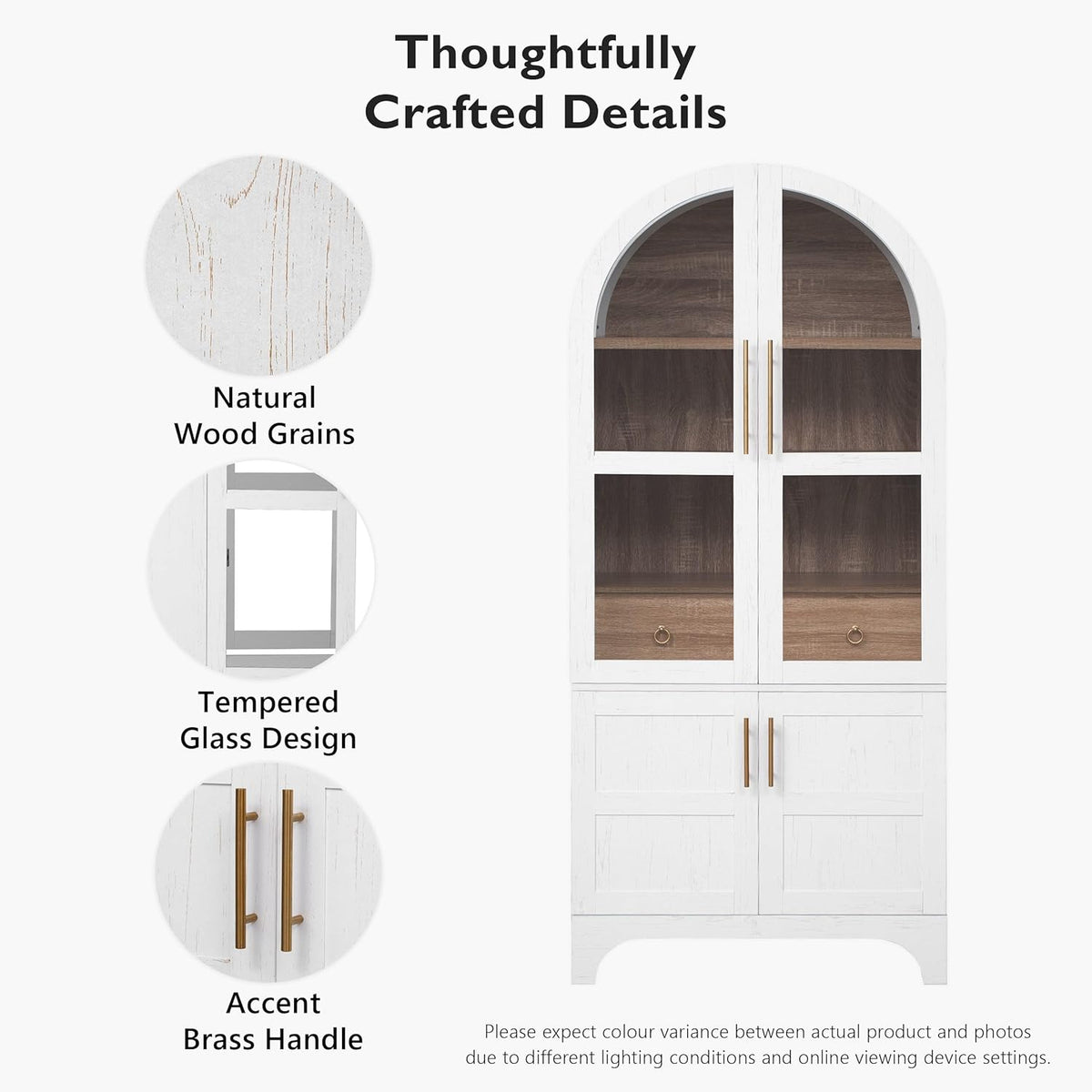 Arched Pantry Cabinet with Adjustable Shelves, Kitchen Storage Cabinet with Arched Door & Hidden Drawer, Tall Narrow Farmhouse Pantry for Small Spaces (White)