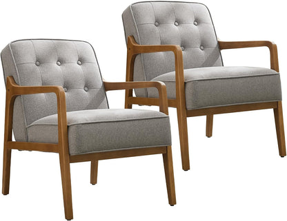 SOFTHION Linen Accent Chair Set of 2, Mid Century Modern Chair for Living Room, Upholstered Comfy Lounge Armchair with Solid Wood Frame, Reading Side Chair for Bedroom,105°Ergonomic Comfort, Grey