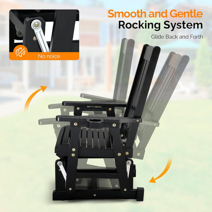 VINGLI Outdoor Glider Chair Wood Patio Glider with Cup Holder, Porch Glider with Smooth Rocking Mechanism, Heavy Duty 600 LBS, Black